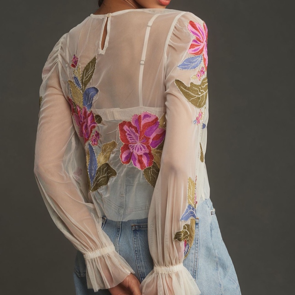 Anthropologie The Layla Long-Sleeve Appliqué Mesh Blouse Size Medium - Picture 3 of 12